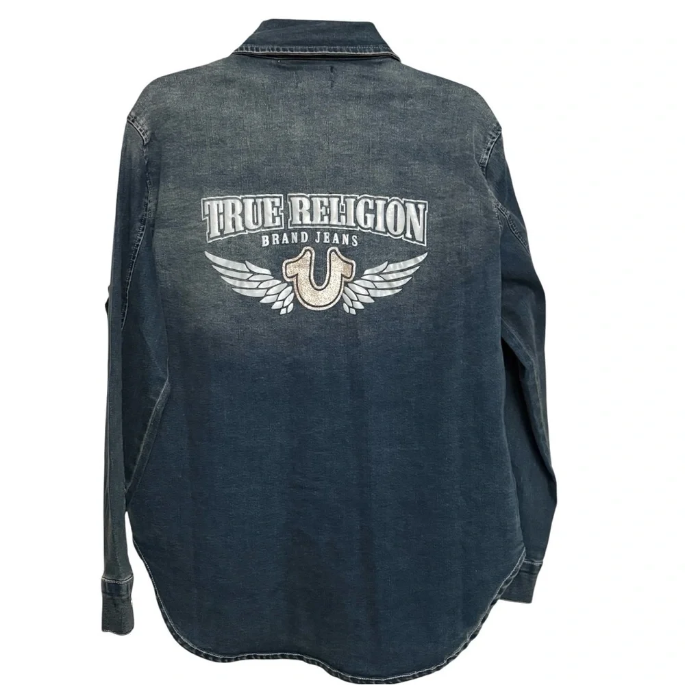True Religion Georgia Denim Glitter button Shirt Cozy Fireside Wash XL - Picture 2 of 10
